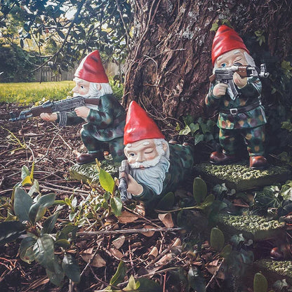 Figurine Décorative Nain de Jardin Tenue Camouflage Militaire en Résine Résistante aux Intempéries pour Extérieur