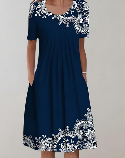 Robe à Smocks Florale avec Poches et Encolure Ronde - Aurelles