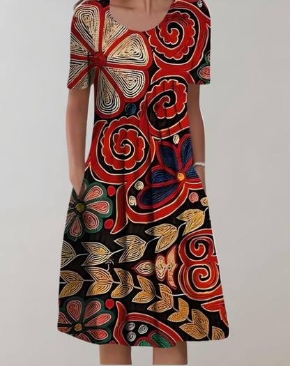 Robe à Smocks Florale avec Poches et Encolure Ronde - Aurelles