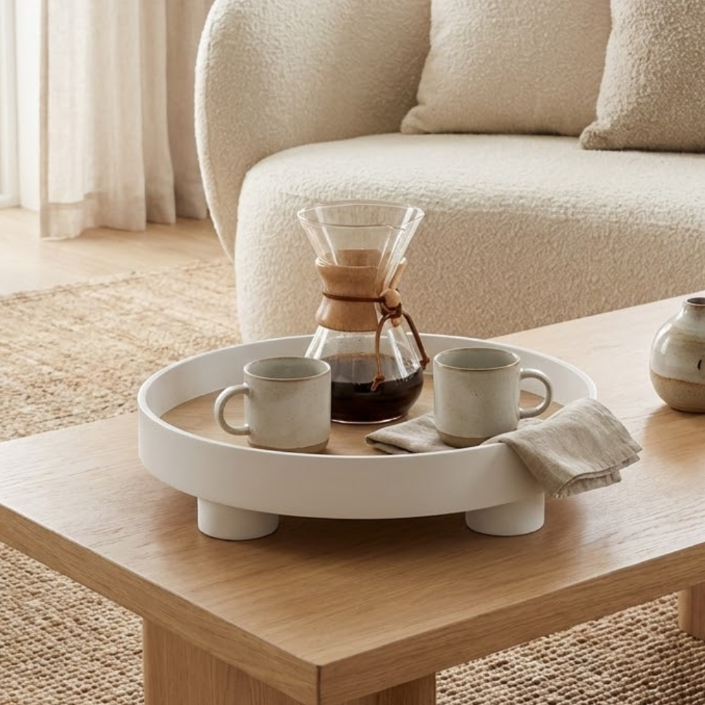 Plateau Décoratif Rond Bi-Matière en Bois et Plaquage Chêne pour Table Basse Salon et Décoration d'Intérieur