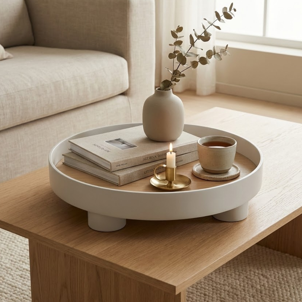 Plateau Décoratif Rond Bi-Matière en Bois et Plaquage Chêne pour Table Basse Salon et Décoration d'Intérieur