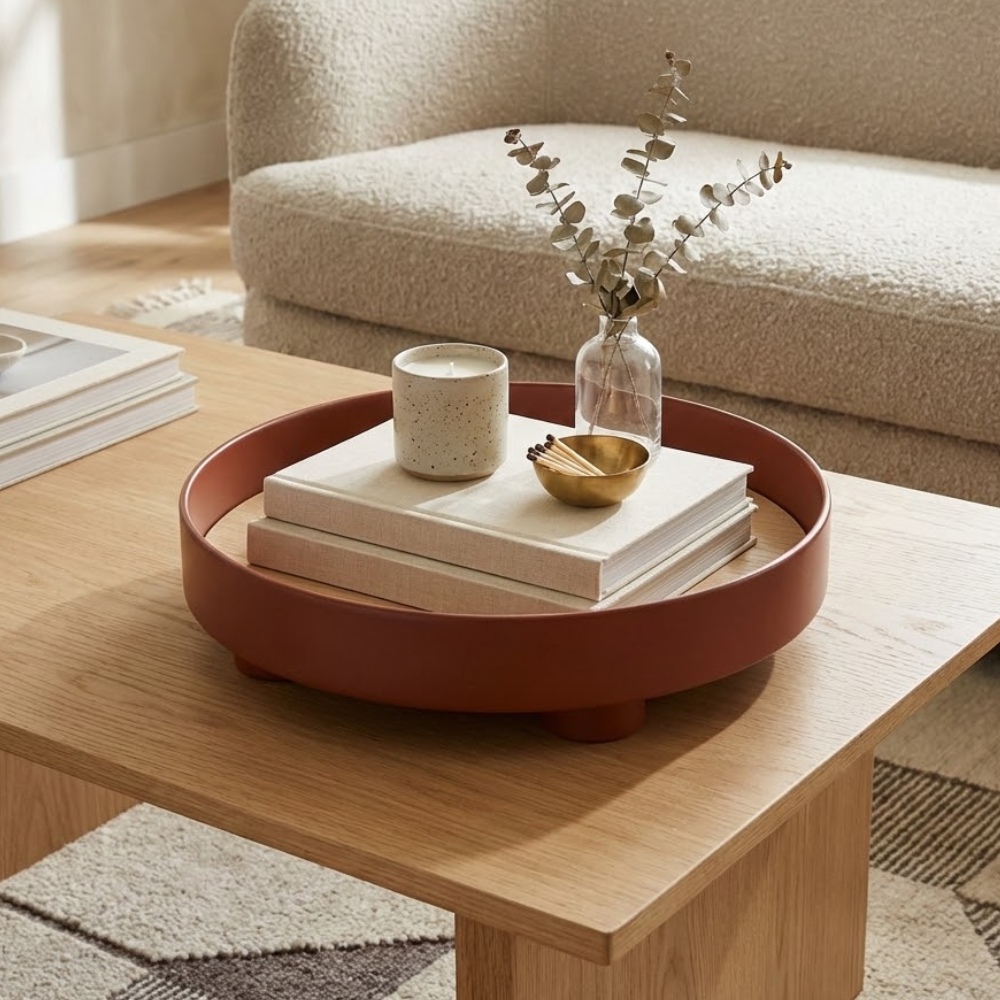 Plateau Décoratif Rond Bi-Matière en Bois et Plaquage Chêne pour Table Basse Salon et Décoration d'Intérieur