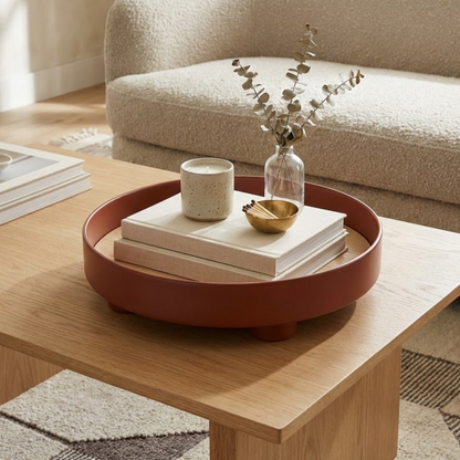 Plateau Décoratif Rond Bi-Matière en Bois et Plaquage Chêne pour Table Basse Salon et Décoration d'Intérieur