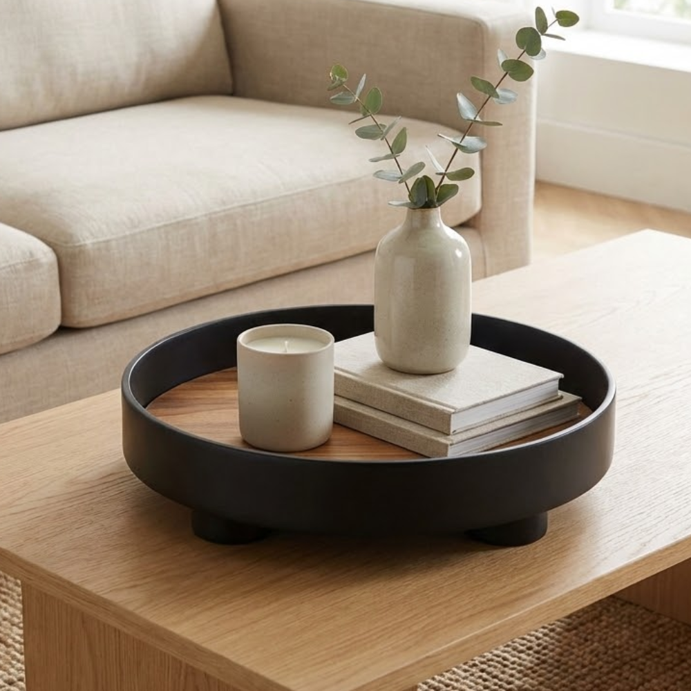 Plateau Décoratif Rond Bi-Matière en Bois et Plaquage Chêne pour Table Basse Salon et Décoration d'Intérieur