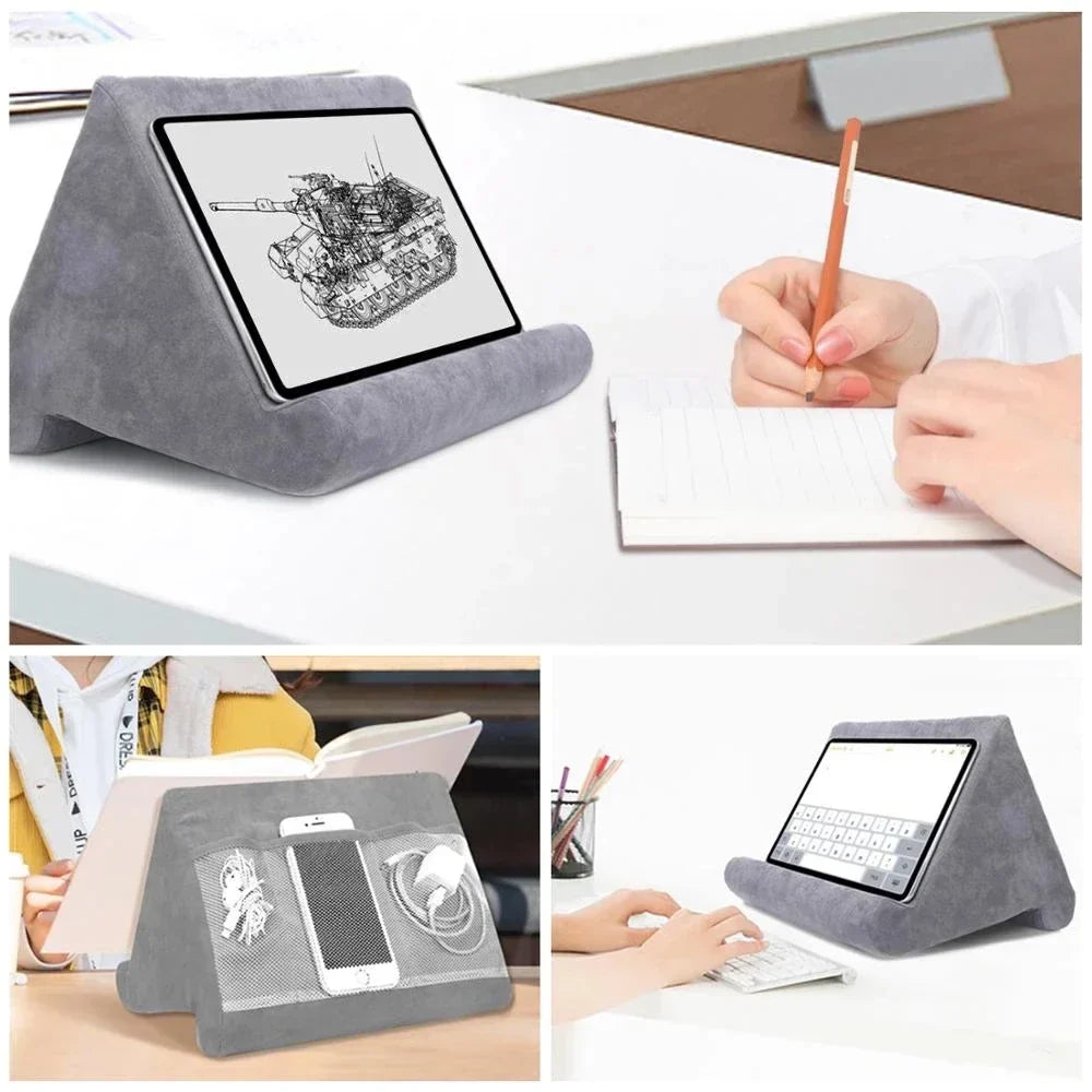 Coussin Support pour Tablette Triangulaire en Mousse Velours Multi-Positions pour Lecture Vidéo et Visioconférence