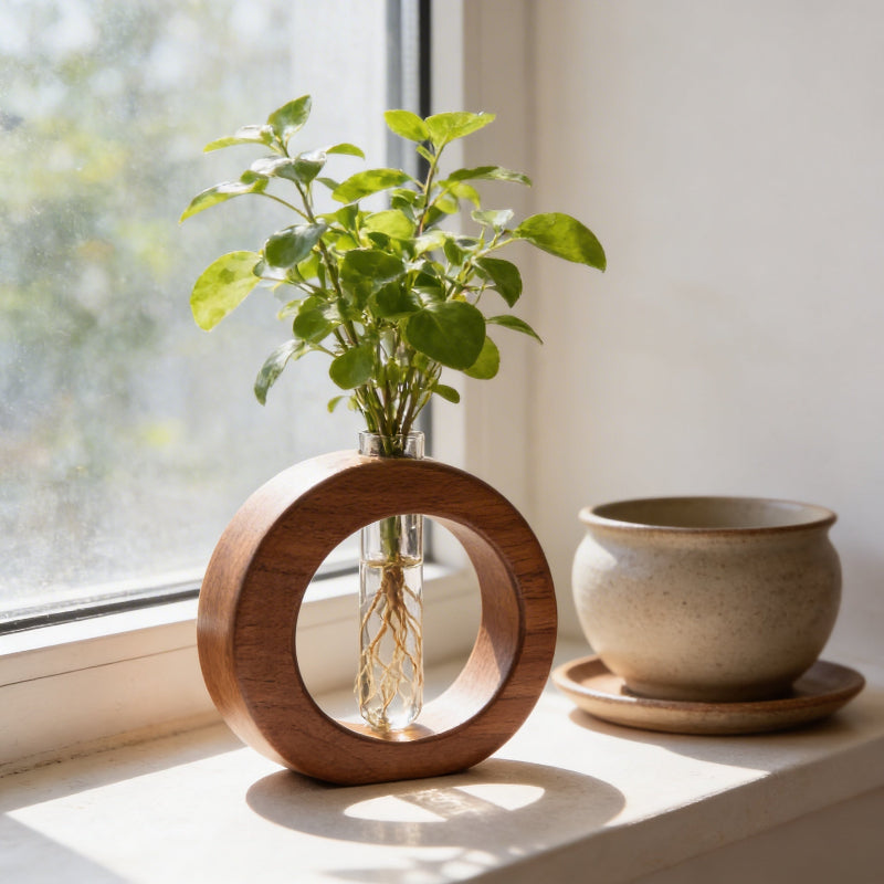 Vase de Propagation Hydroponique en Bois et Verre pour Boutures de Plantes Style Minimaliste