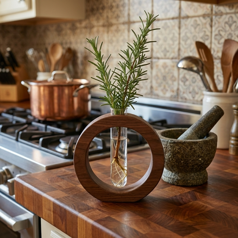 Vase de Propagation Hydroponique en Bois et Verre pour Boutures de Plantes Style Minimaliste