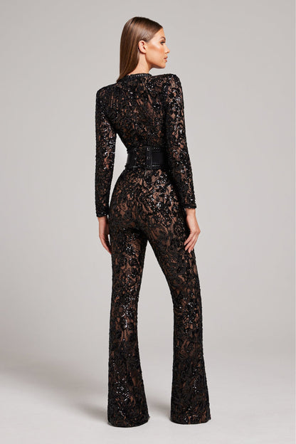 Combinaison en Dentelle pour Femmes - Embellie de Sequins - Manches Longues - Col Montant - Taille Ajustée - Aurelles