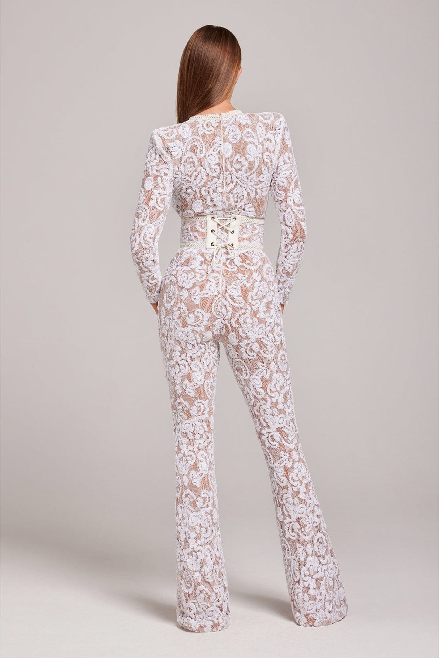 Combinaison en Dentelle pour Femmes - Embellie de Sequins - Manches Longues - Col Montant - Taille Ajustée - Aurelles