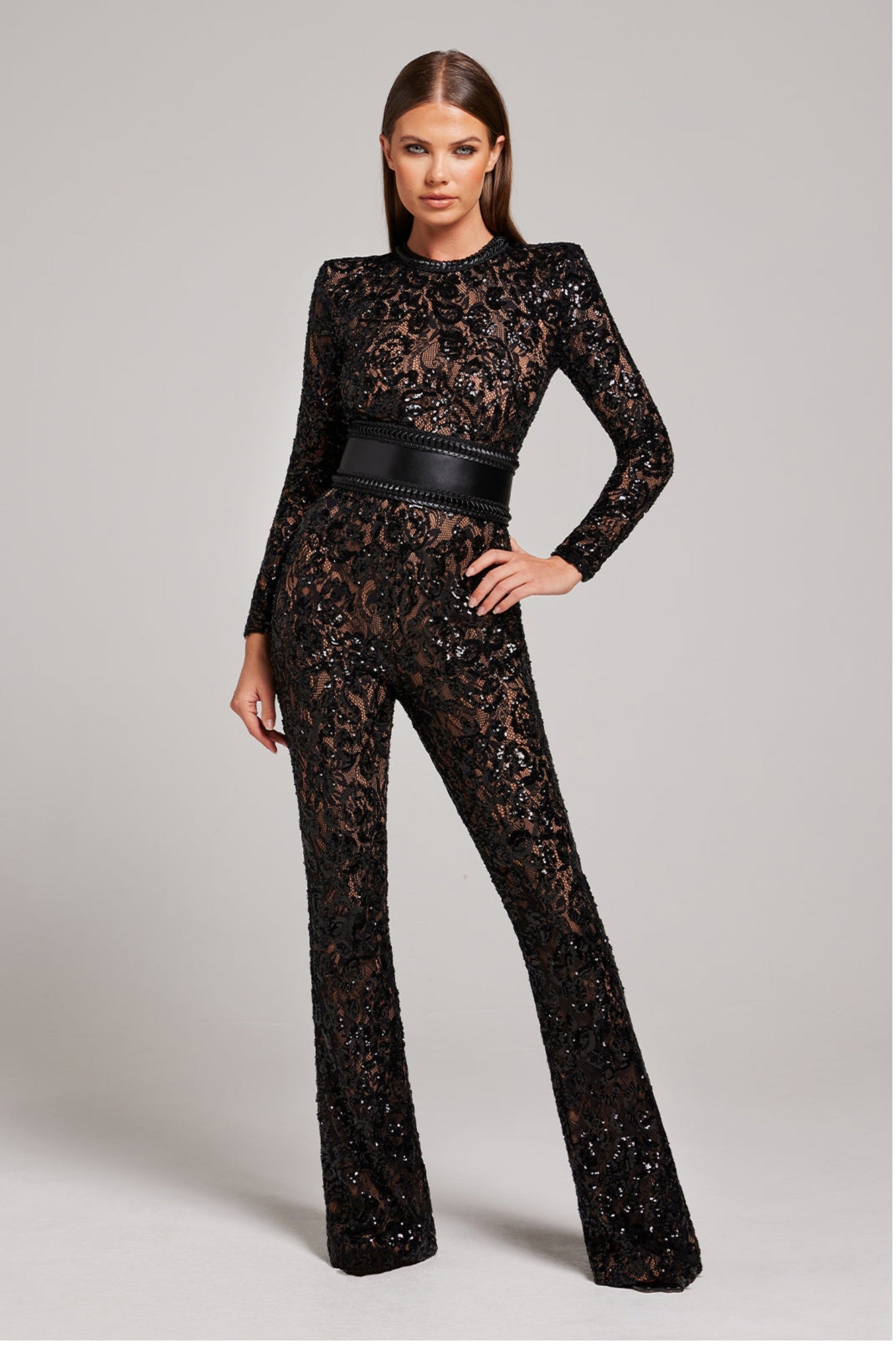 Combinaison en Dentelle pour Femmes - Embellie de Sequins - Manches Longues - Col Montant - Taille Ajustée - Aurelles