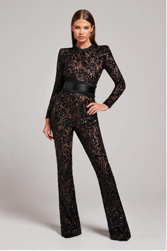 Combinaison en Dentelle pour Femmes - Embellie de Sequins - Manches Longues - Col Montant - Taille Ajustée - Aurelles