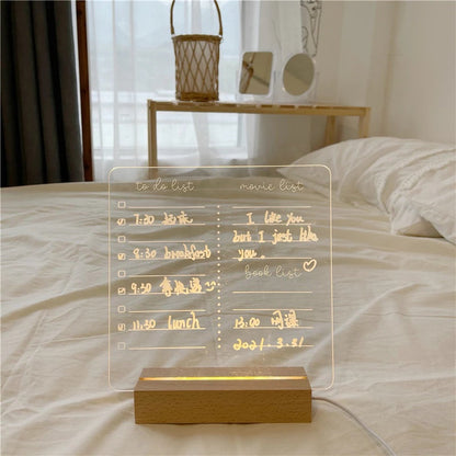 Tableau Mémo Lumineux en Acrylique avec Socle en Bois USB et Feutre Effaçable