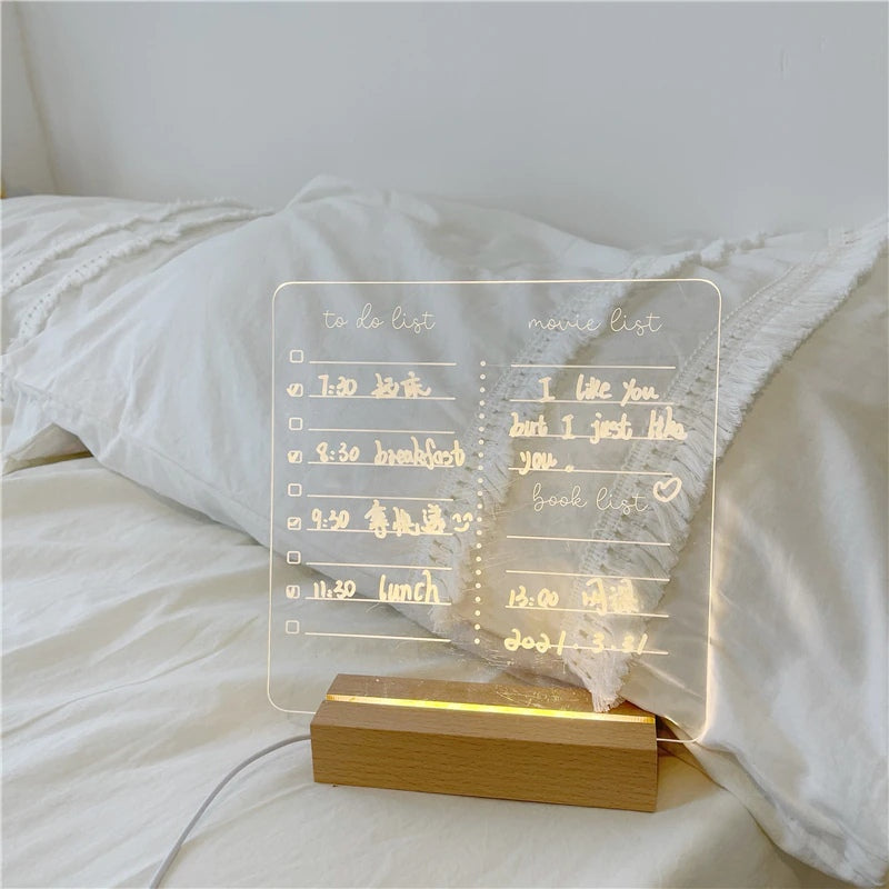 Tableau Mémo Lumineux en Acrylique avec Socle en Bois USB et Feutre Effaçable