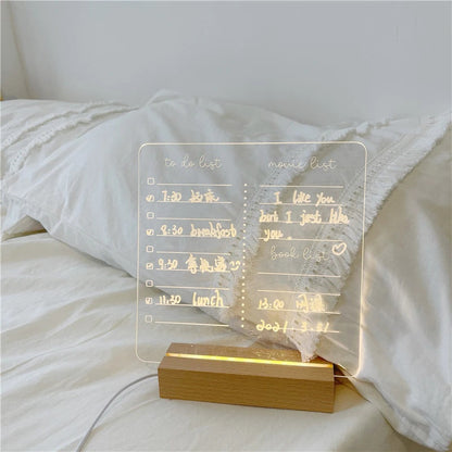 Tableau Mémo Lumineux en Acrylique avec Socle en Bois USB et Feutre Effaçable