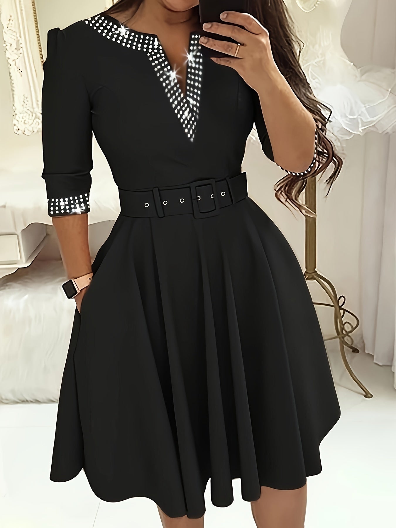Robe A-Ligne Femme Midi à Manches 3/4 avec Décolleté Embelli - Aurelles