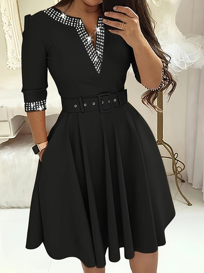 Robe A-Ligne Femme Midi à Manches 3/4 avec Décolleté Embelli - Aurelles