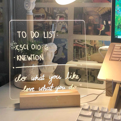Tableau Mémo Lumineux en Acrylique avec Socle en Bois USB et Feutre Effaçable