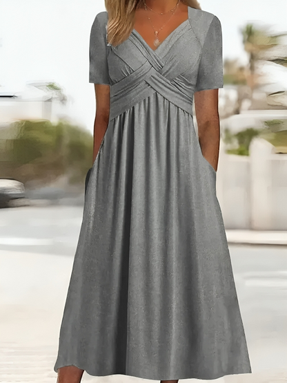 Robe A-Line Femme - Décolleté Croisé - Manches Courtes - Longueur Genou avec Poches - Aurelles