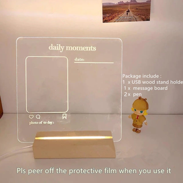 Tableau Mémo Lumineux en Acrylique avec Socle en Bois USB et Feutre Effaçable