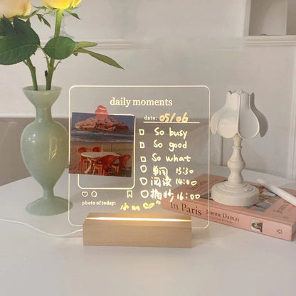 Tableau Mémo Lumineux en Acrylique avec Socle en Bois USB et Feutre Effaçable