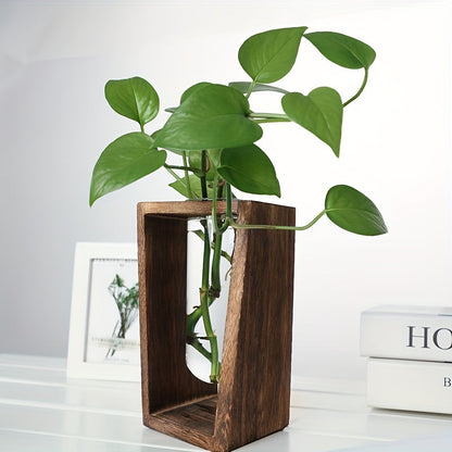 Vase de Propagation en Bois Massif Noyer avec Tube en Verre Suspendu pour Boutures de Plantes et Décoration