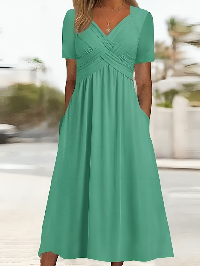 Robe A-Line Femme - Décolleté Croisé - Manches Courtes - Longueur Genou avec Poches - Aurelles
