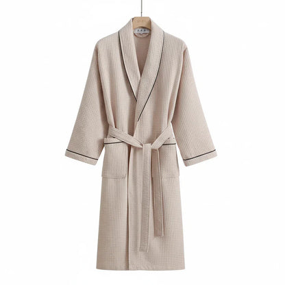 Peignoir de Bain en Coton Gaufré à Manches Longues avec Col Châle et Ceinture à Nouer