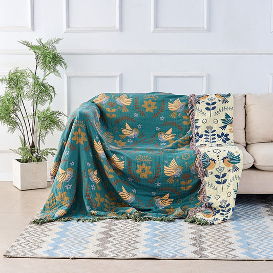 Terra – Plaid Réversible en Coton Motif Oiseaux Scandinaves