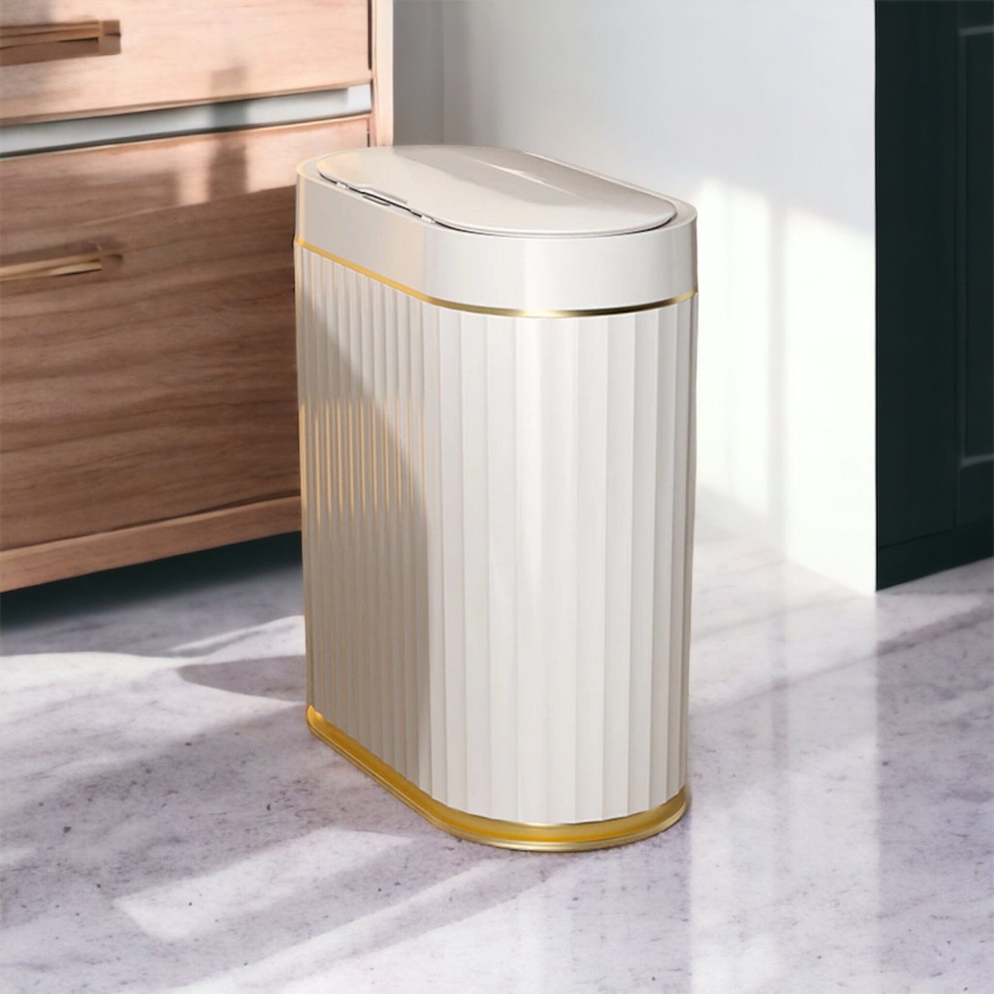 Poubelle Décorative Cylindrique avec Couvercle Style Cannelé Liseré Doré pour Salon Chambre et Salle de Bain