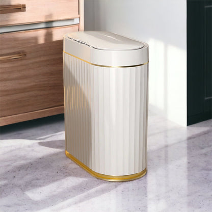 Poubelle Décorative Cylindrique avec Couvercle Style Cannelé Liseré Doré pour Salon Chambre et Salle de Bain