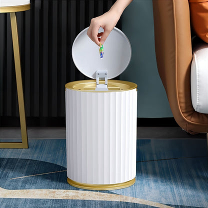 Poubelle Décorative Cylindrique avec Couvercle Style Cannelé Liseré Doré pour Salon Chambre et Salle de Bain