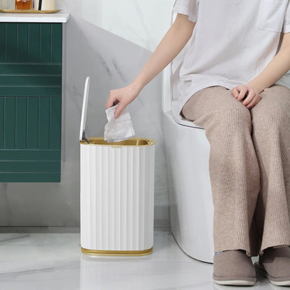 Poubelle Décorative Cylindrique avec Couvercle Style Cannelé Liseré Doré pour Salon Chambre et Salle de Bain