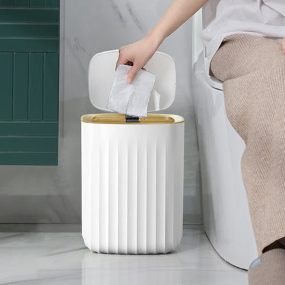 Poubelle Décorative Cylindrique avec Couvercle Style Cannelé Liseré Doré pour Salon Chambre et Salle de Bain