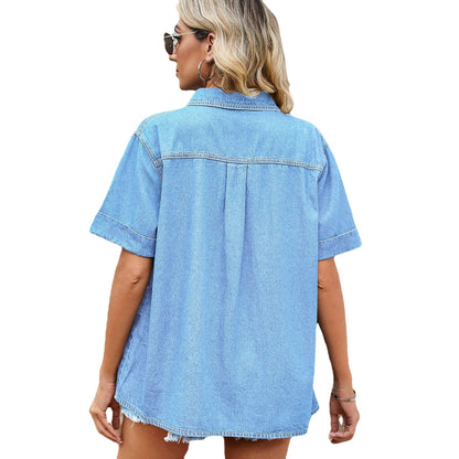 Chemise en Denim Mince Ajustée à Manches Courte Pour Femmes - Aurelles