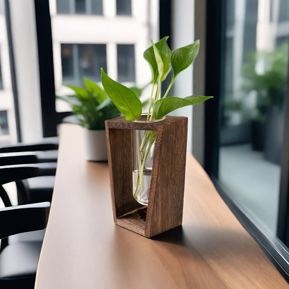 Vase de Propagation en Bois Massif Noyer avec Tube en Verre Suspendu pour Boutures de Plantes et Décoration