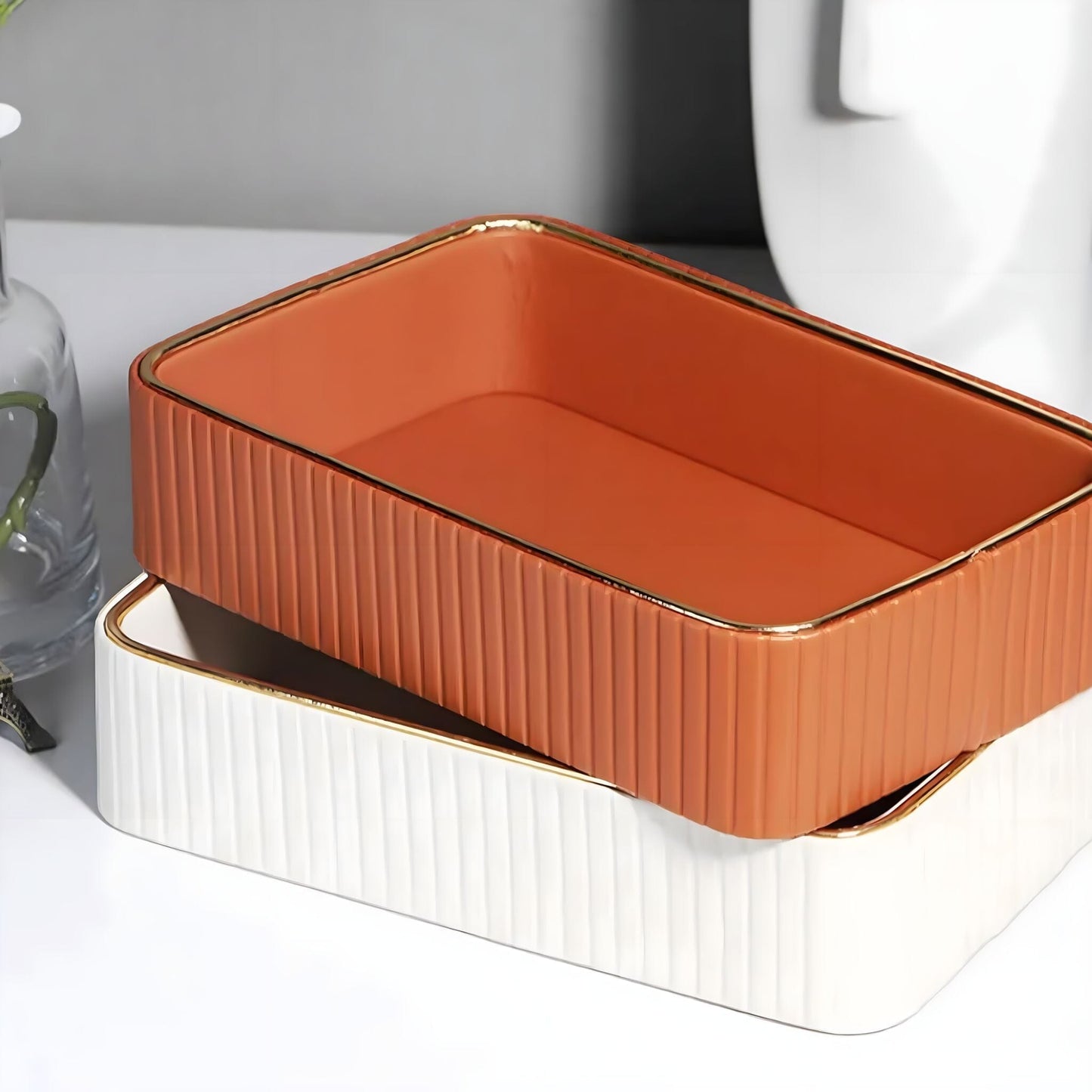 Plateau de Rangement Rectangulaire Décoratif à Parois Cannelées avec Liseré Doré pour Salle de Bain Bureau et Vide-Poches