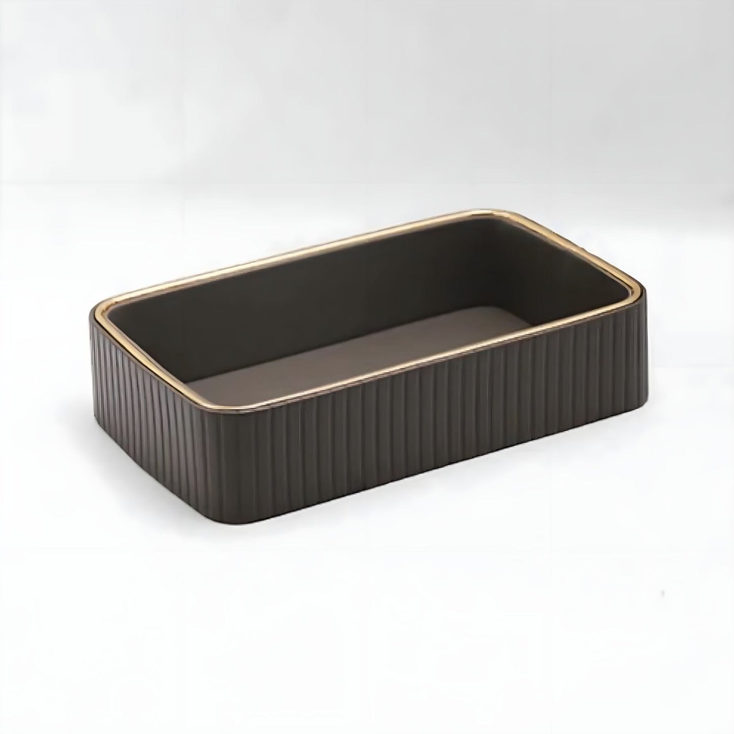 Plateau de Rangement Rectangulaire Décoratif à Parois Cannelées avec Liseré Doré pour Salle de Bain Bureau et Vide-Poches