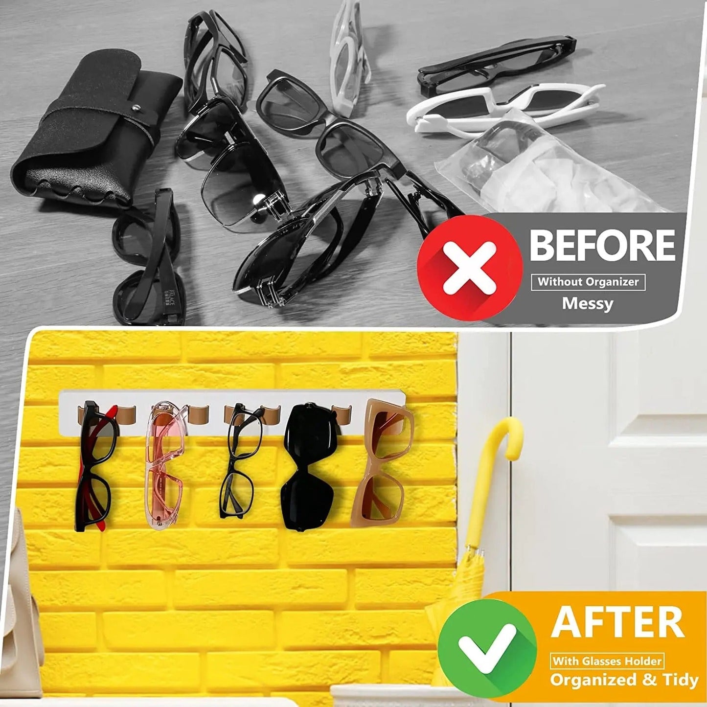 Présentoir Mural pour Lunettes en Bois avec 9 Supports en Cuir pour Lunettes de Soleil et Vue Rangement Décoratif