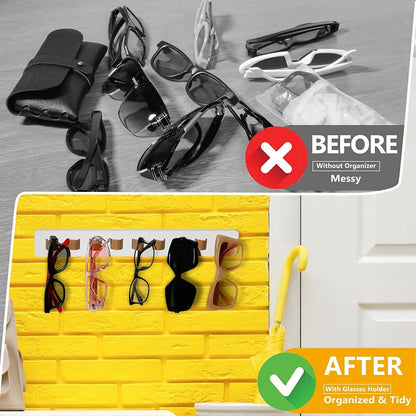 Présentoir Mural pour Lunettes en Bois avec 9 Supports en Cuir pour Lunettes de Soleil et Vue Rangement Décoratif