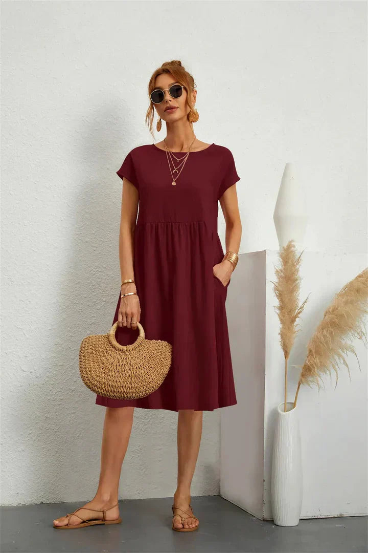 Robe A-Line Femme - Longueur Genou - Manches Courtes - Coupe Détendue - Col Rond - Aurelles