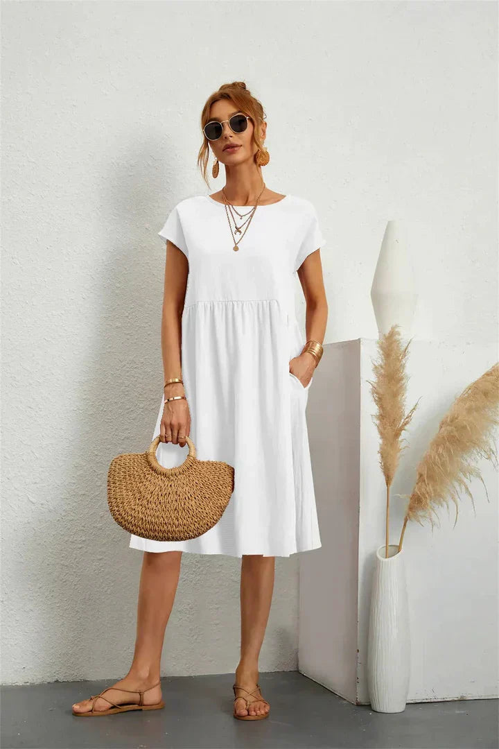Robe A-Line Femme - Longueur Genou - Manches Courtes - Coupe Détendue - Col Rond - Aurelles