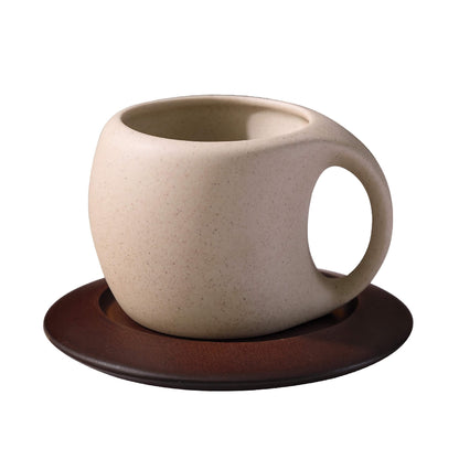 Ceramic Coffee Cup with Wooden Saucer and Stainless Steel Spoon