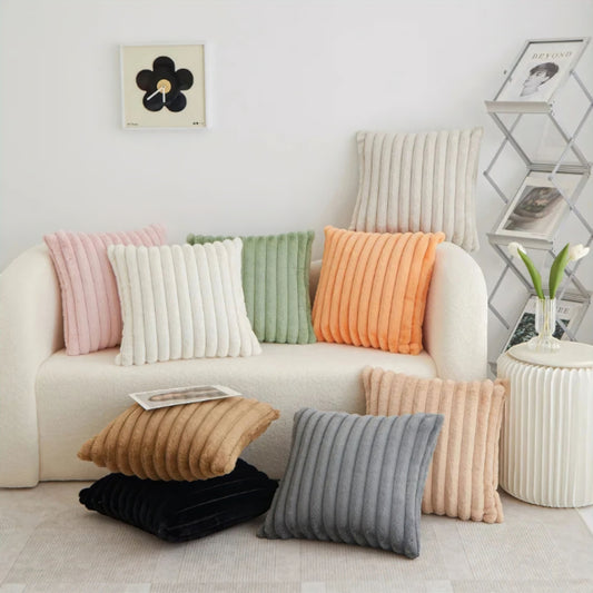 Housse de Coussin en Fausse Fourrure à Grosses Côtes Verticales en Relief pour Canapé et Lit Style Cocooning