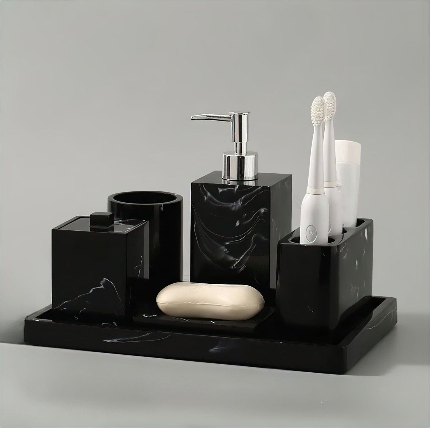 Accessoire de Salle de Bain Effet Marbre Noir Veiné Distributeur Porte-Brosses Gobelet ou Porte-Savon Style Moderne