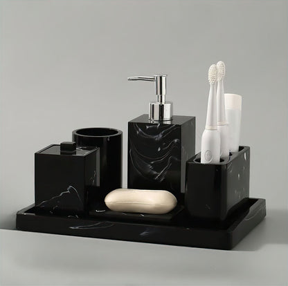 Accessoire de Salle de Bain Effet Marbre Noir Veiné Distributeur Porte-Brosses Gobelet ou Porte-Savon Style Moderne