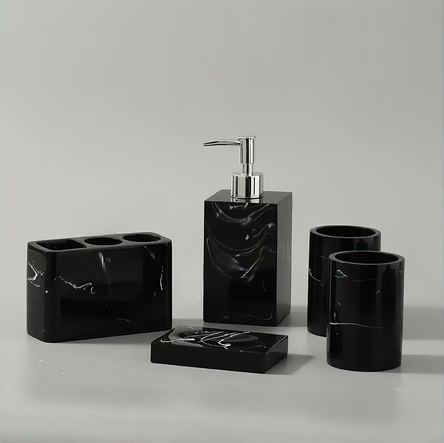 Accessoire de Salle de Bain Effet Marbre Noir Veiné Distributeur Porte-Brosses Gobelet ou Porte-Savon Style Moderne