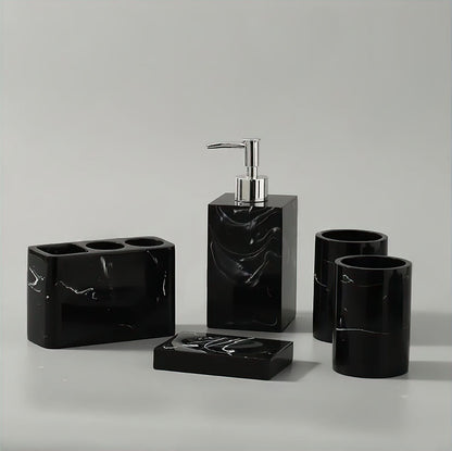 Accessoire de Salle de Bain Effet Marbre Noir Veiné Distributeur Porte-Brosses Gobelet ou Porte-Savon Style Moderne