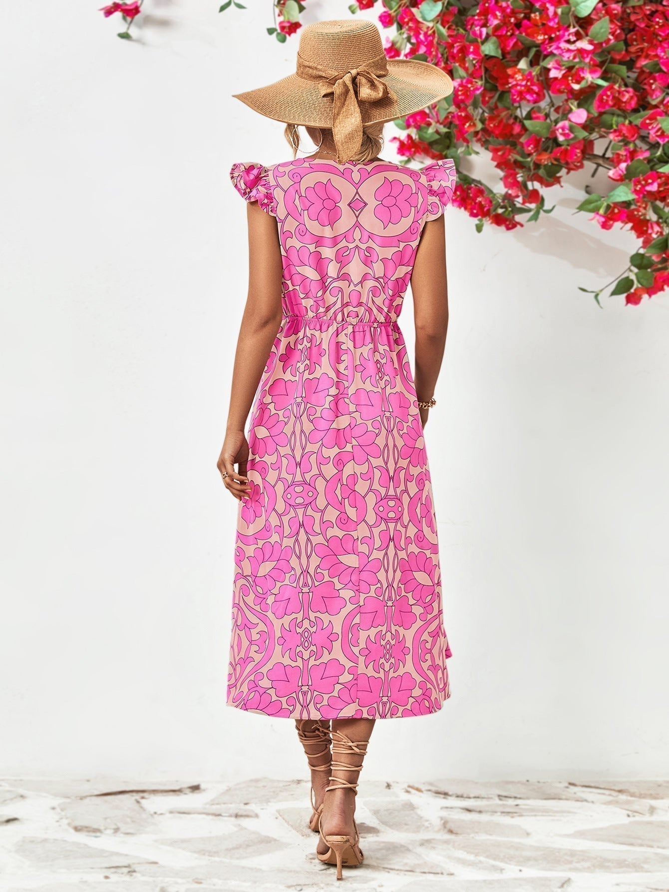 Robe à Imprimé Floral pour Femme - Décolleté en V - Manches Courtes Volantes - Ourlet Asymétrique en A