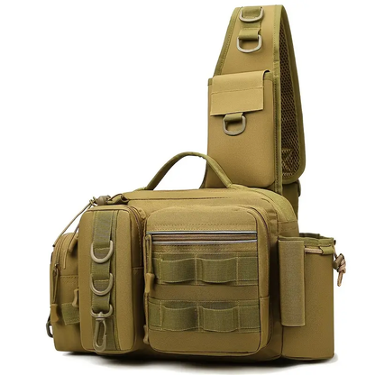 Sac à Bandoulière Tactique de Pêche avec Porte-Canne Intégré et Compartiments Multiples Imprimé Camouflage