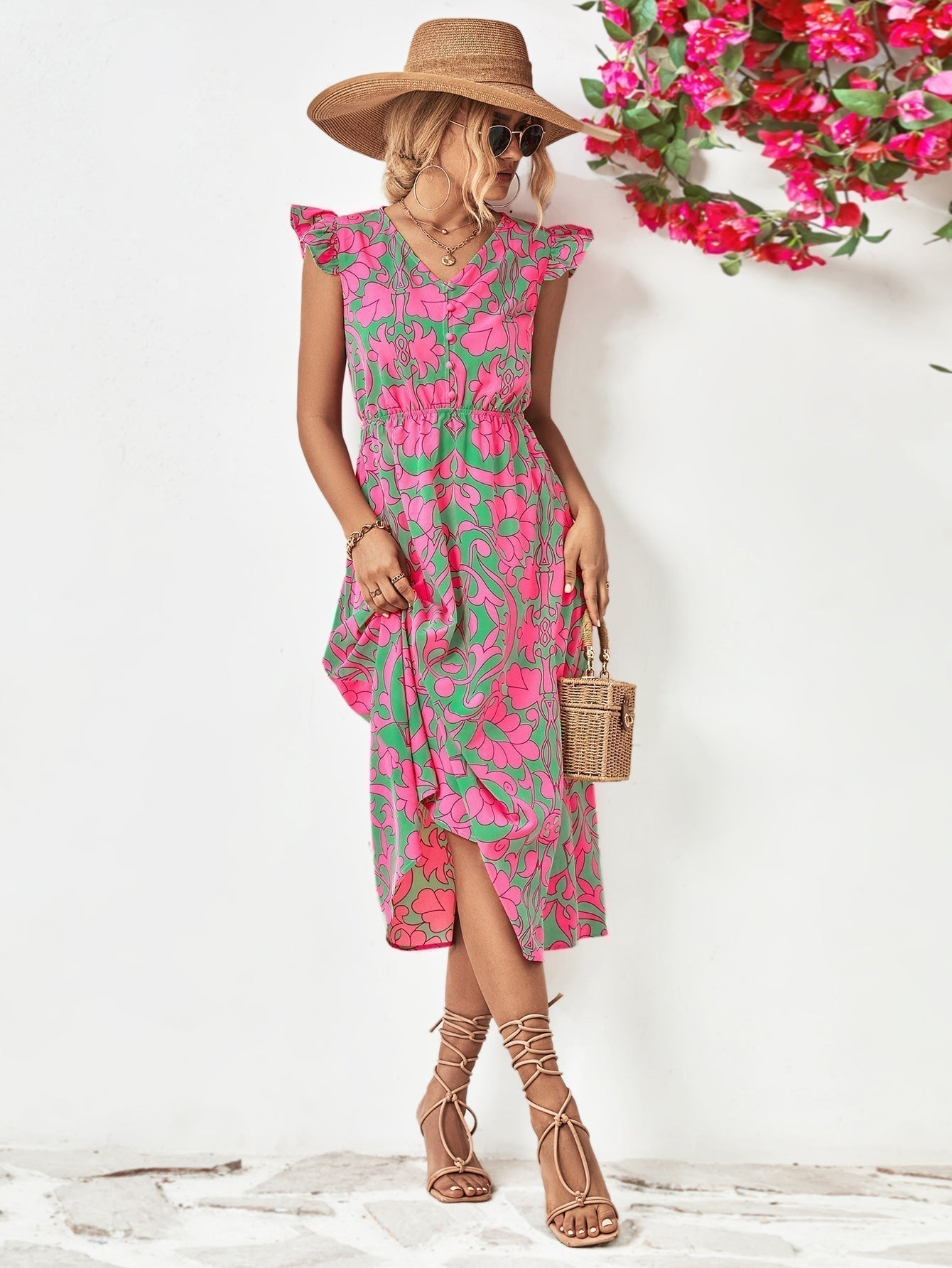 Robe à Imprimé Floral pour Femme - Décolleté en V - Manches Courtes Volantes - Ourlet Asymétrique en A